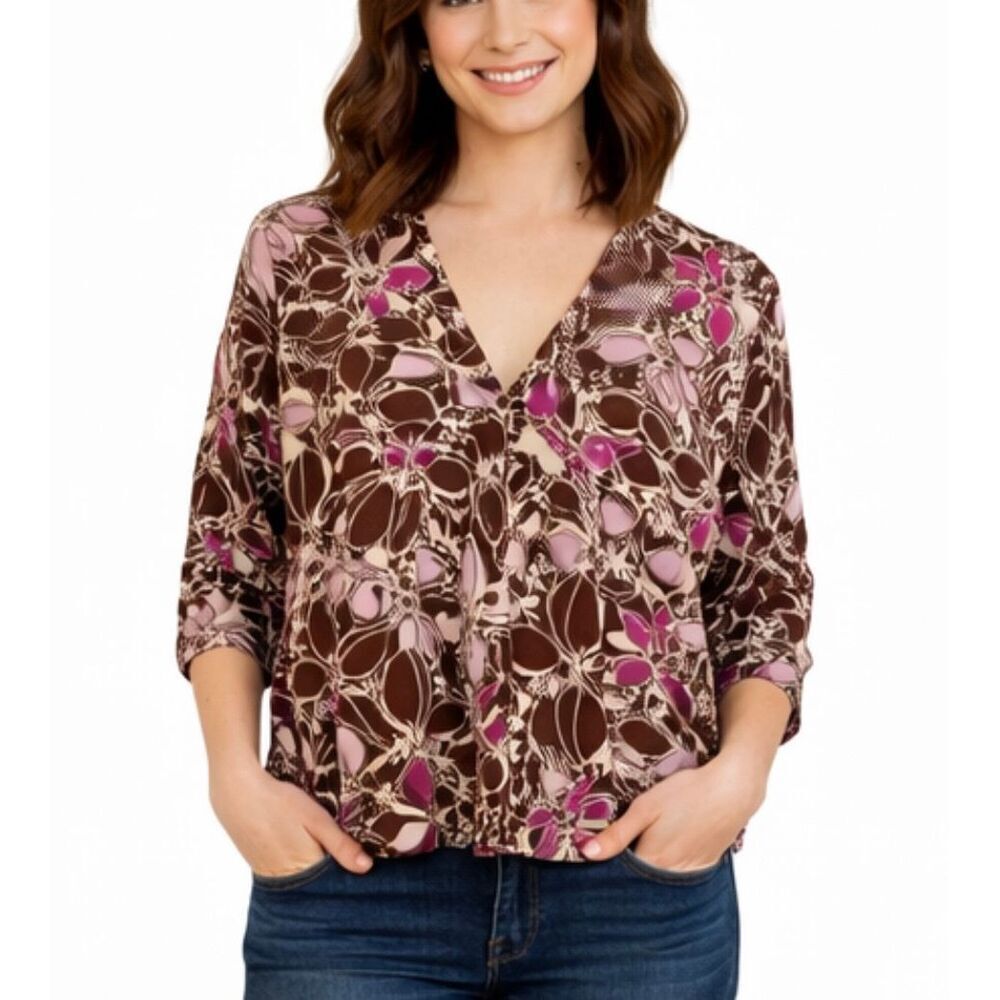 Eddie Bauer purple floral beaded Pima cotton cardigan M